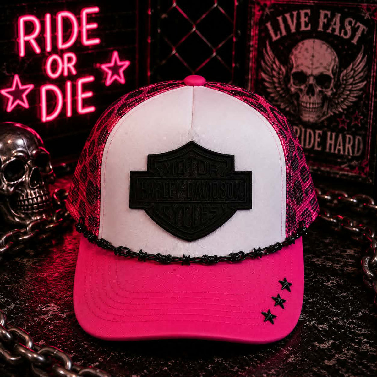 Hot Pink & Leopard Harley Inspired Trucker Hat
