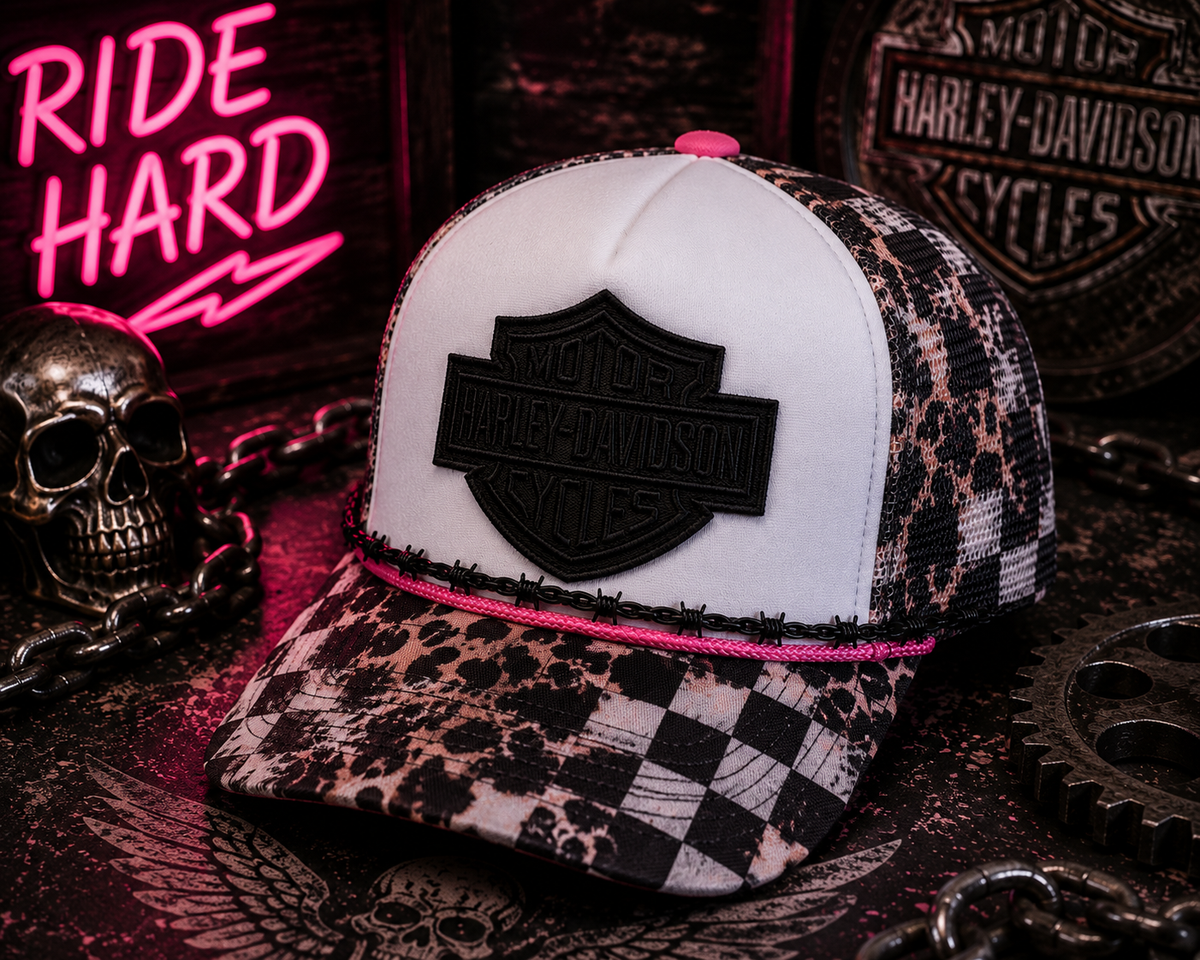 Harley Davidson Leopard & Checkered Trucker Hat