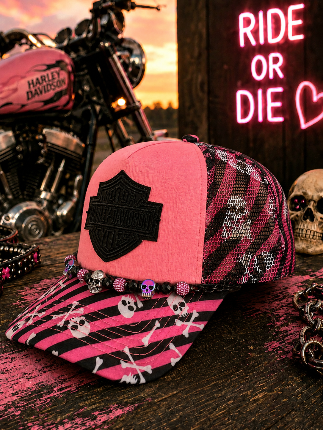 Pink Harley Inspired Skull Trucker Hat š¤š©·ā ļøš©·š¤