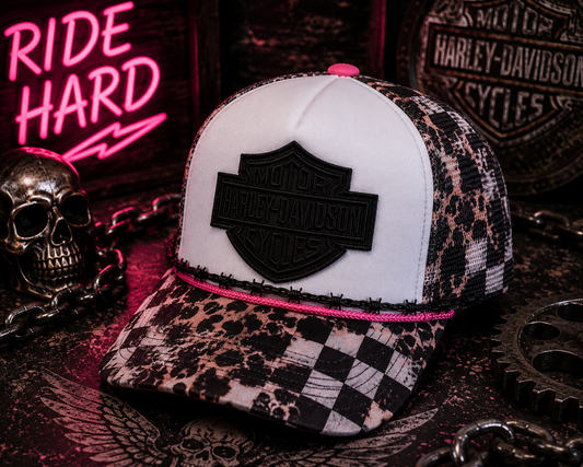 Harley Davidson Leopard & Checkered Trucker Hat