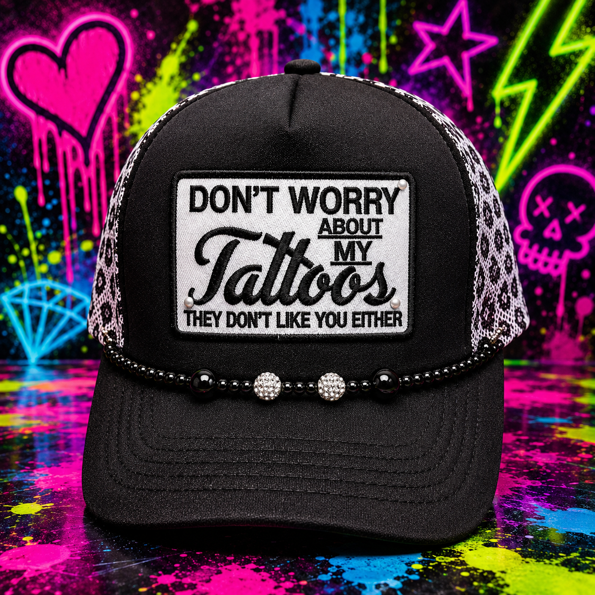 Don’t Worry About My Tattoos Leopard Trucker Hat 🖤✨