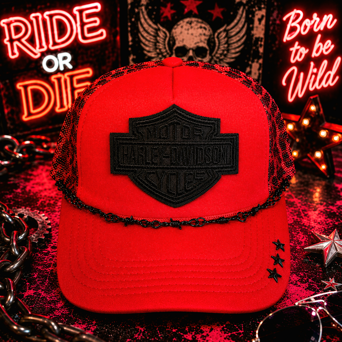 🏍️ HARLEY-INSPIRED LEOPARD TRUCKER HAT 🖤❤️