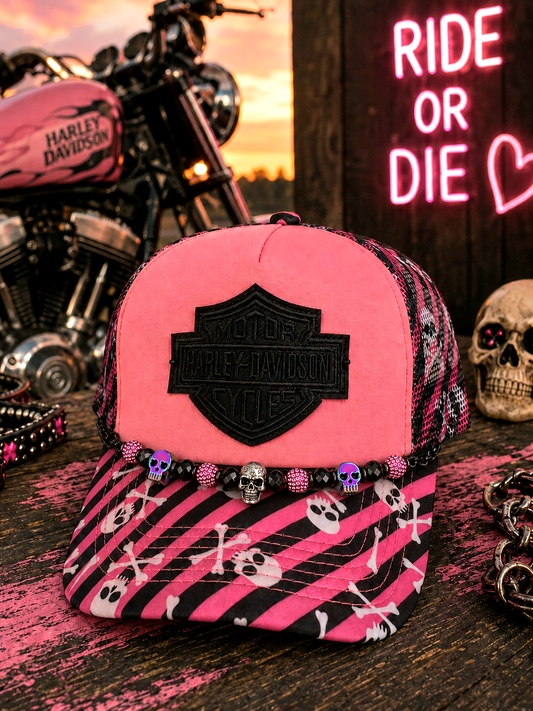 Pink Harley Inspired Skull Trucker Hat 🖤🩷☠️🩷🖤