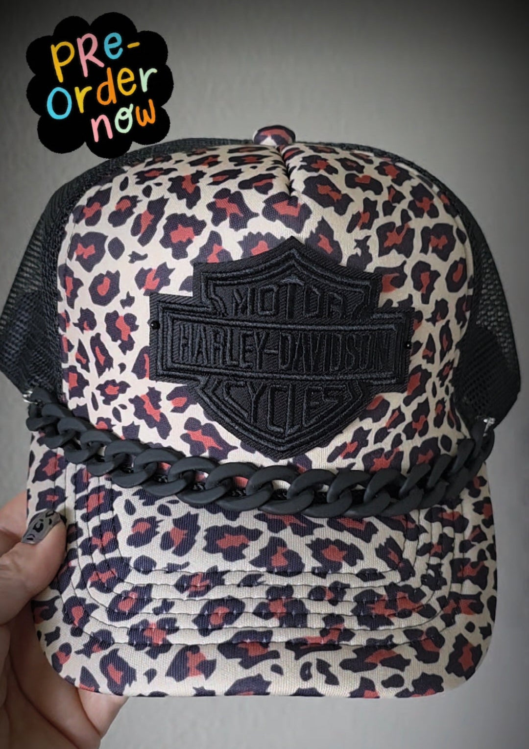 Harley Leopard Trucker Hat with Chunky Chain