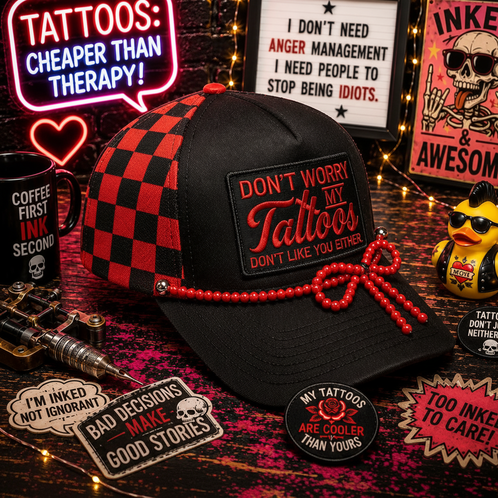Don’t Worry My Tattoos Don’t Like You Either Checkered Trucker Hat 🖤❤️🔥