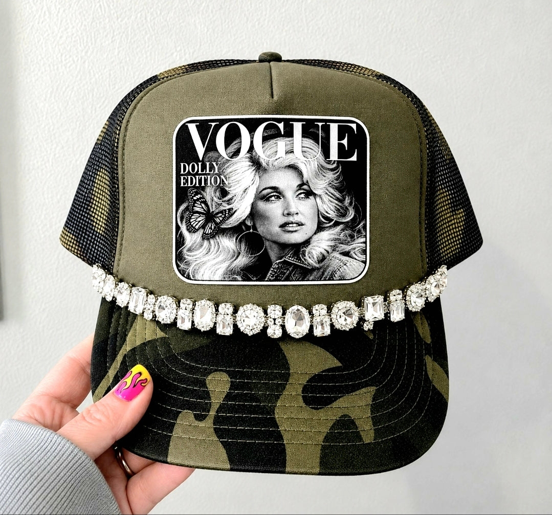 Dolly Edition Camo Trucker Hat | Rhinestone Chain
