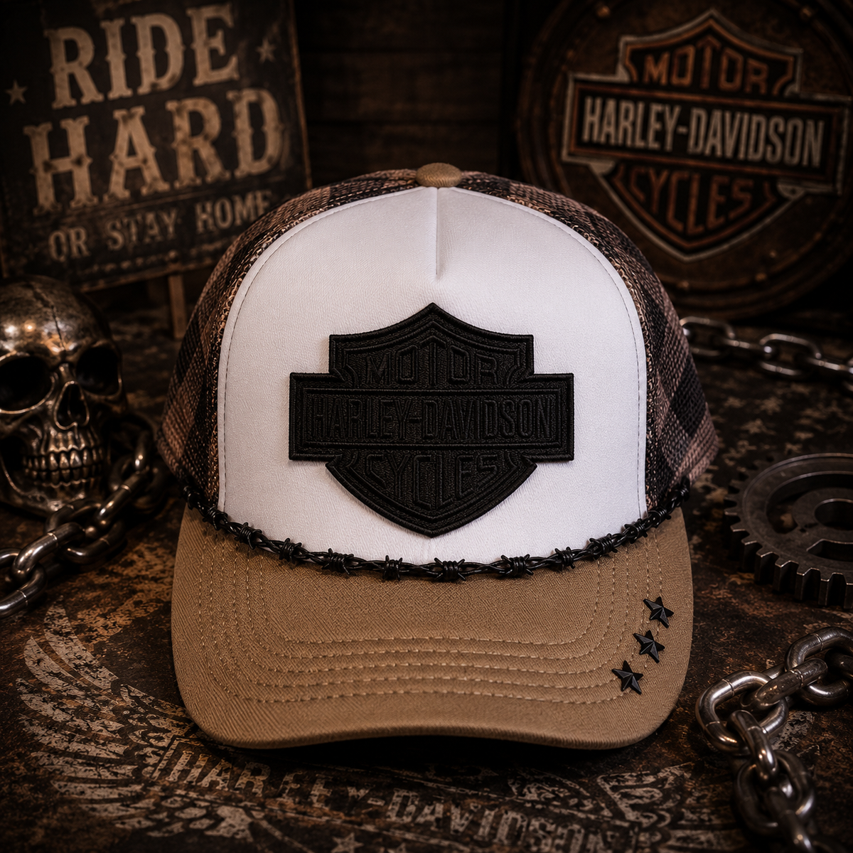 Black/Brown Checkered Harley Davidson Trucker Hat with Barbed Wire Chain