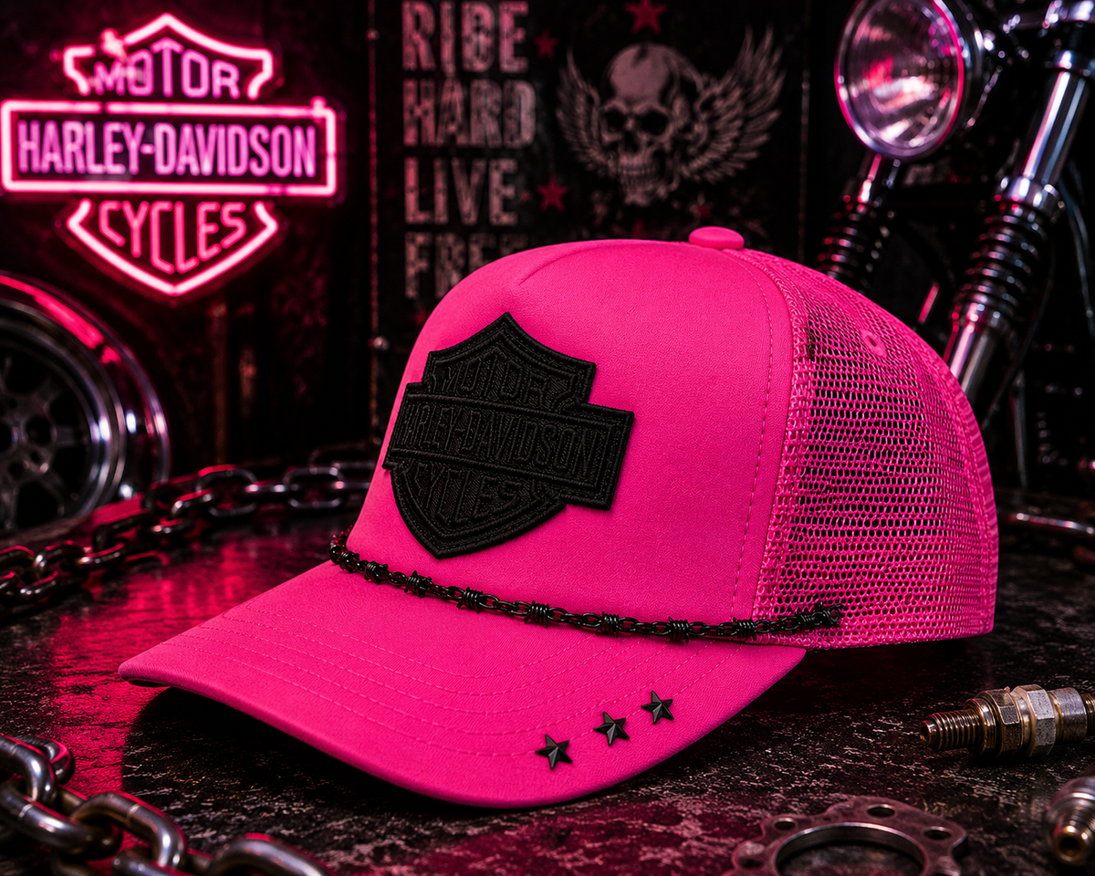 Harley-Inspired Hot Pink & Black Trucker Hat 🖤🩷🏍️