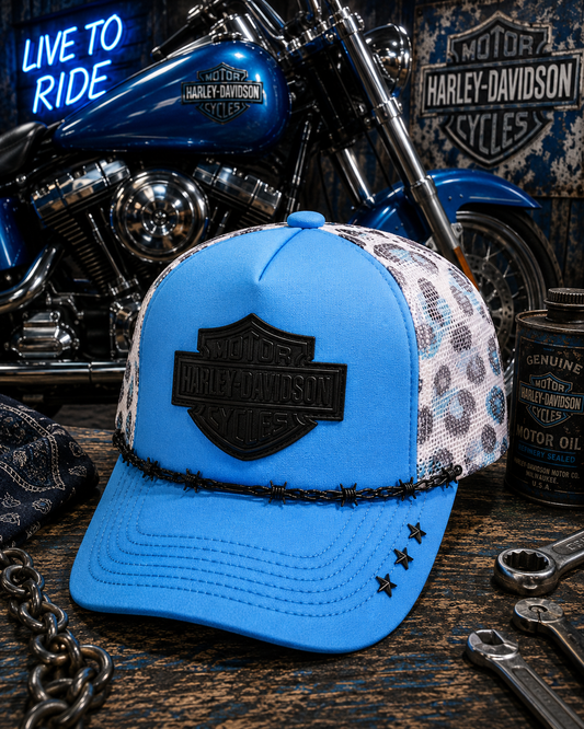 🏍️ HARLEY-INSPIRED LEOPARD TRUCKER HAT 🖤💙