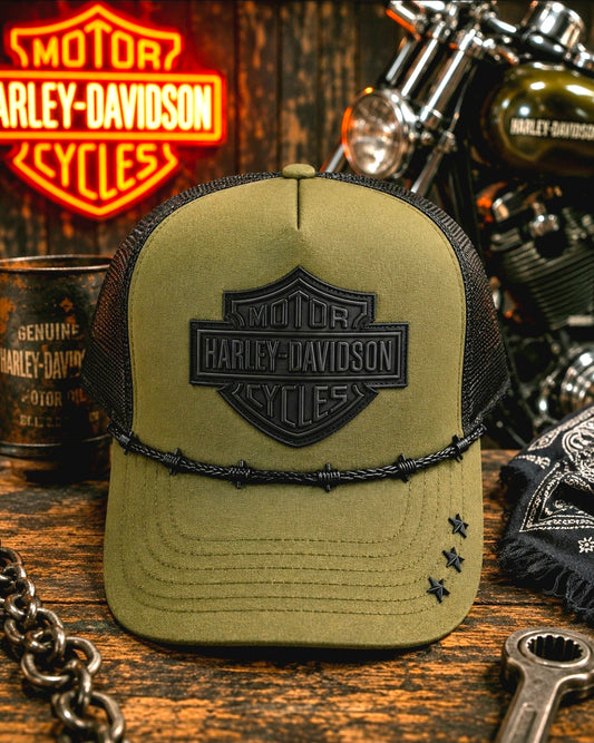 Military Green Harley Trucker Hat with Black Barbed Wire Chain