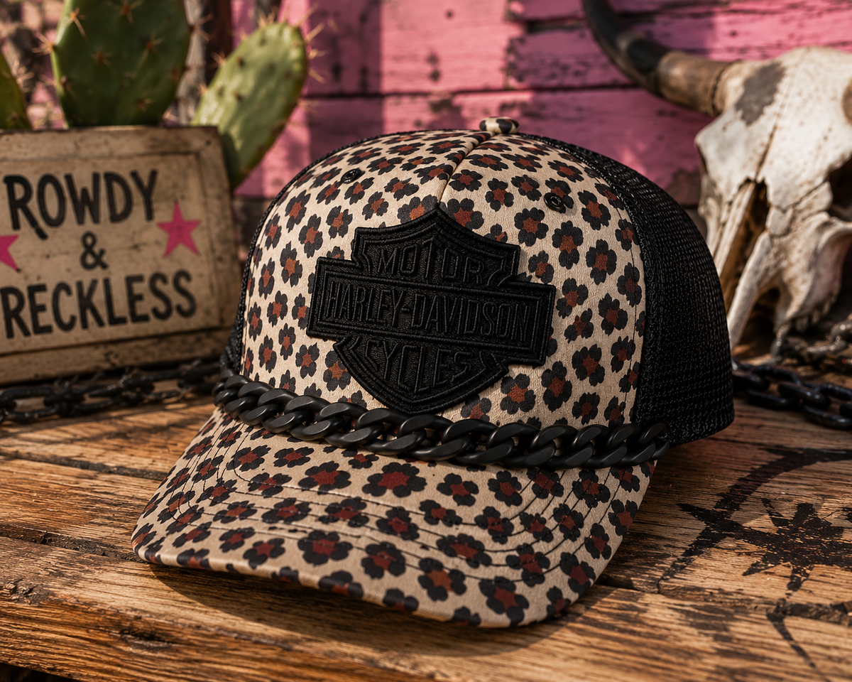 Harley Leopard Trucker Hat with Chunky Chain