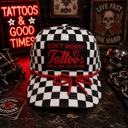 Don't Worry My Tattoos Don't Like You Either Checkered Canvas Trucker Hat